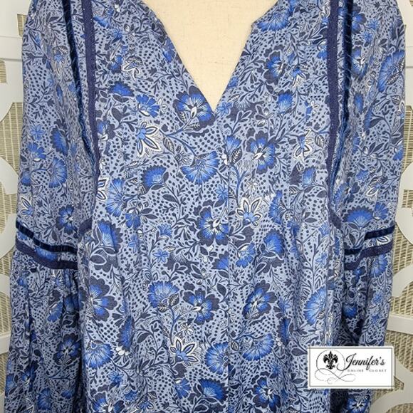 St. John's Bay Blue Floral Split Neck Balloon Sleeve Peasant Blouse Size L - Picture 4 of 12